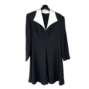 Vintage 90s Black White Collared Long Sleeve Knee Length Dress 12